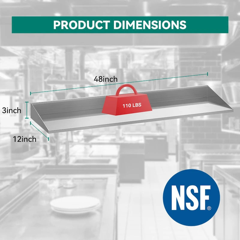Étagère de rangement de cuisine murale en acier inoxydable – 48 x 12 pouces