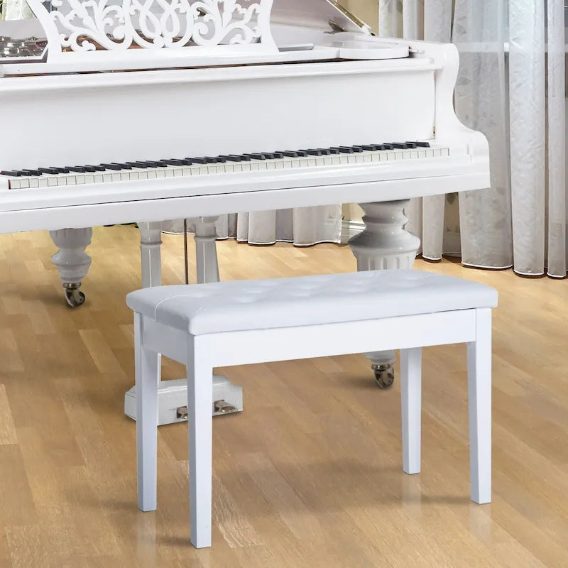 Banc de piano 2 places rembourré en similicuir blanc imitation bouleau rustique