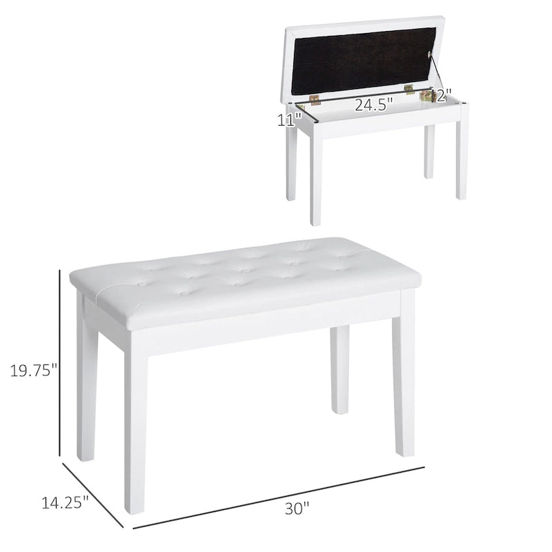 Banc de piano 2 places rembourré en similicuir blanc imitation bouleau rustique
