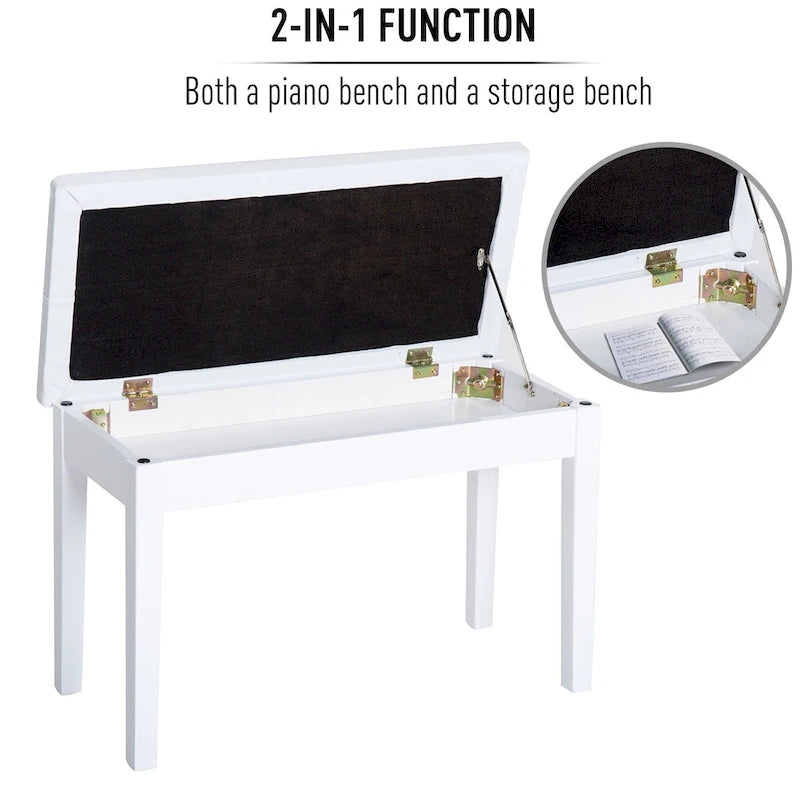 Banc de piano 2 places rembourré en similicuir blanc imitation bouleau rustique