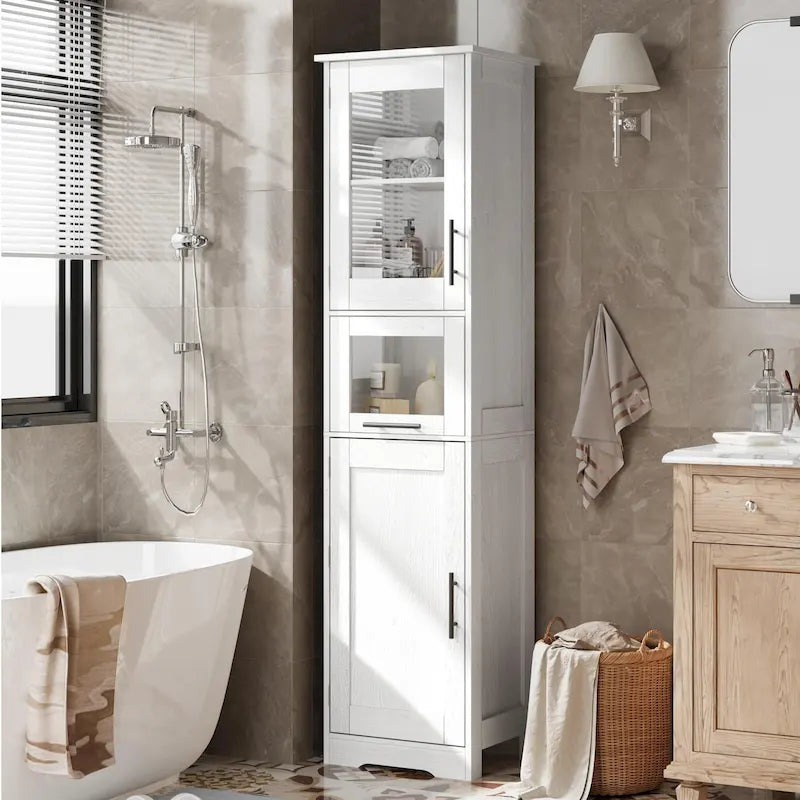 Meuble de salle de bain haut, Armoire de rangement étroite avec portes et étagère réglable