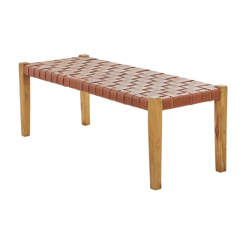 Banc tissé fait main en cuir noir ou marron - 47 x 18 x 17