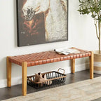 Banc tissé fait main en cuir noir ou marron - 47 x 18 x 17