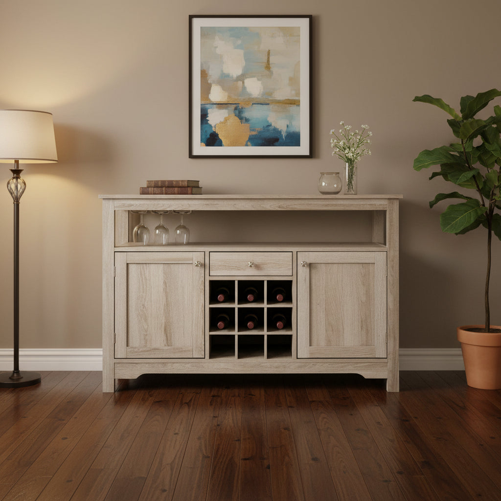 Gray Oak Buffet Server 9 Bottle Wine Cabinet Console - 45.5 inches L x 16 inches W x 31.5 inches H