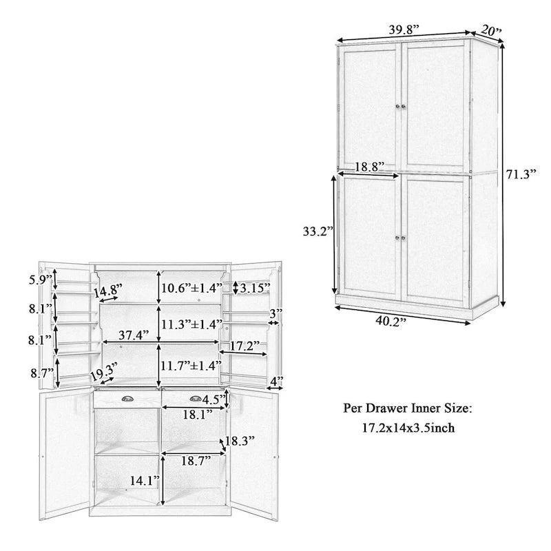 Garde-manger de cuisine autoportant Grand placard de rangement avec 2 tiroirs, 2 étagères réglables, 8 étagères de porte