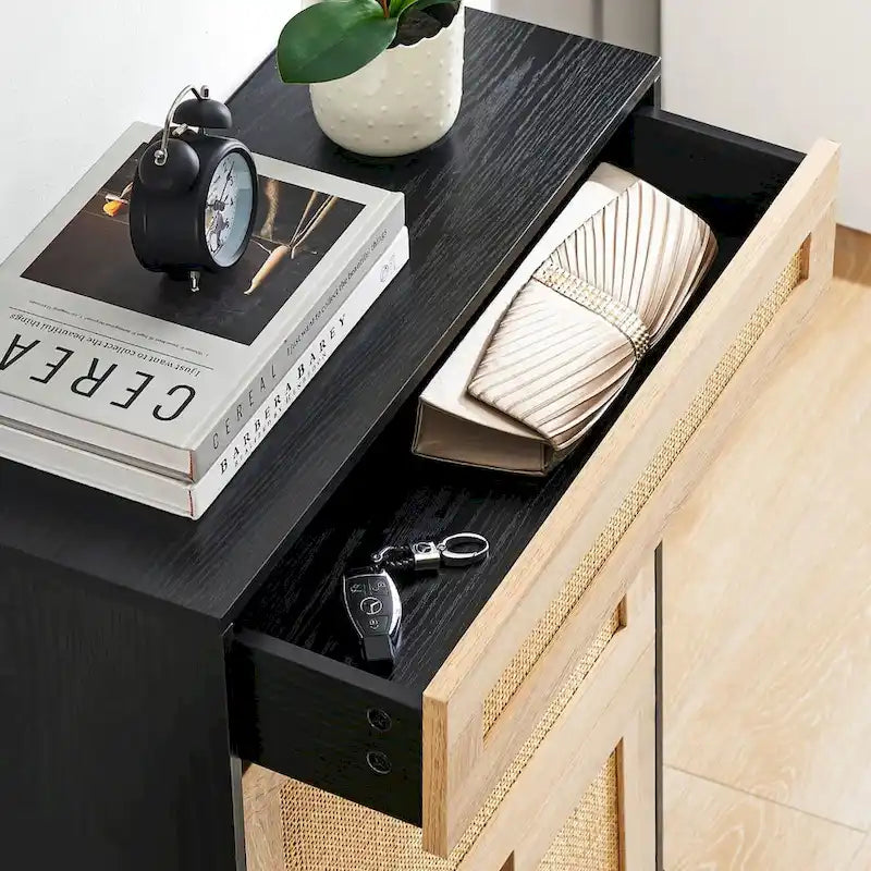 Meuble de rangement pour chaussures en rotin naturel, 2 portes basculantes et 1 tiroir