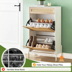 Meuble de rangement pour chaussures en rotin naturel, 2 portes basculantes et 1 tiroir