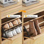 Meuble de rangement pour chaussures en rotin naturel, 2 portes basculantes et 1 tiroir