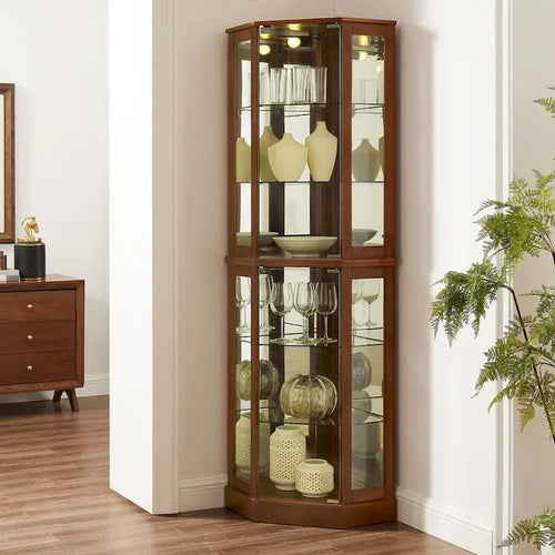 Vitrine d'angle 6 étagères avec lumières, miroirs et étagères réglables, Noyer