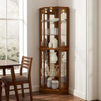 Vitrine d'angle 6 étagères avec lumières, miroirs et étagères réglables, Noyer