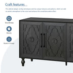 Grand meuble de rangement avec portes sculptées motif floral et poignées en métal, idéal pour le salon, la cuisine ou l'entrée.
