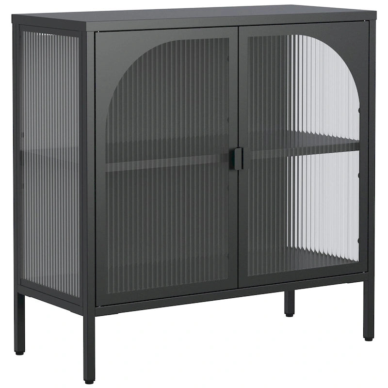 Bahut en Métal, Meuble de Rangement d'Appoint avec 2 Portes en Verre, Meuble Bar à Café avec Étagères Réglables, Capacité de 90 kg