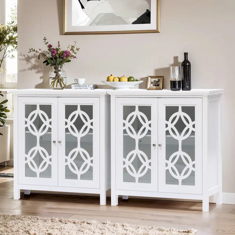 Buffet en bois de pin blanc de 90,9 cm de large avec portes vitrées