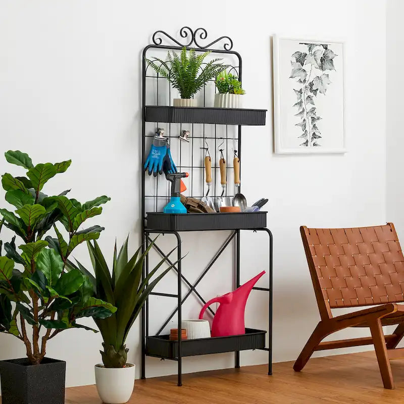 Étagère de rangement multifonctionnelle en métal noir à 3 niveaux 68H, support pour plantes, étagère de cuisine, pour intérieur et extérieur