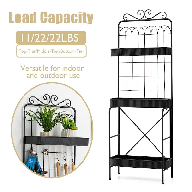 Étagère de rangement multifonctionnelle en métal noir à 3 niveaux 68H, support pour plantes, étagère de cuisine, pour intérieur et extérieur