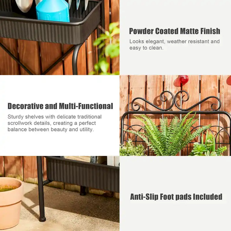 Étagère de rangement multifonctionnelle en métal noir à 3 niveaux 68H, support pour plantes, étagère de cuisine, pour intérieur et extérieur