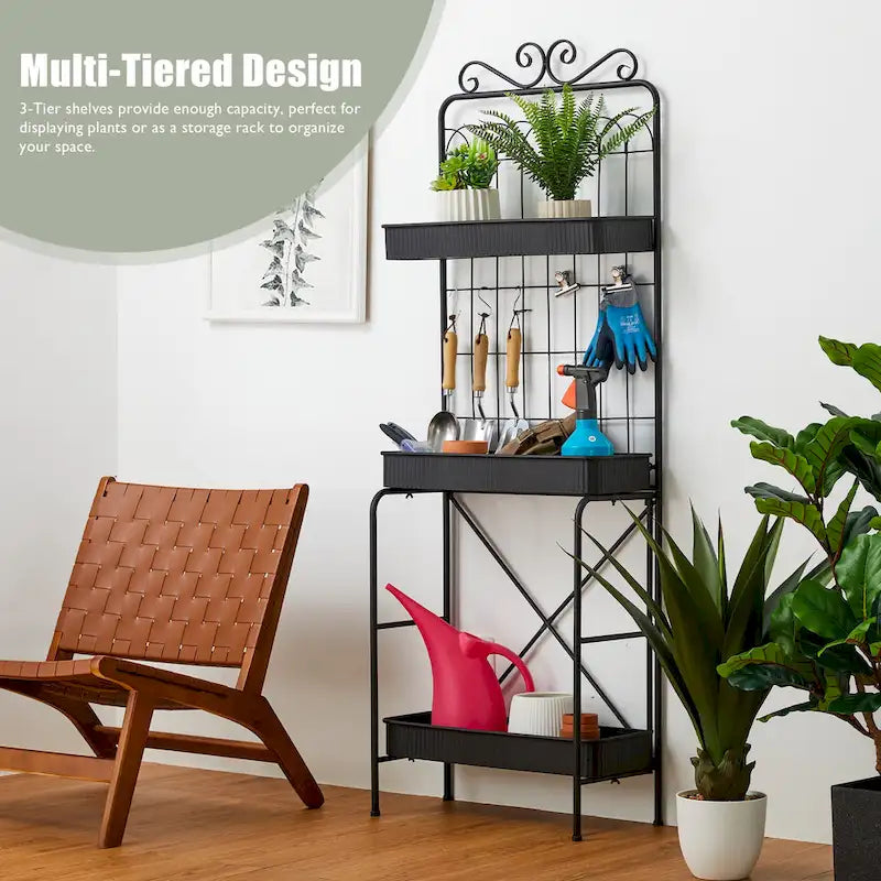 Étagère de rangement multifonctionnelle en métal noir à 3 niveaux 68H, support pour plantes, étagère de cuisine, pour intérieur et extérieur