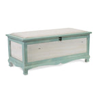 Banc coffre vieilli en bois vert écume avec coussin d'assise - L : 36 x l : 16,5 x H : 15