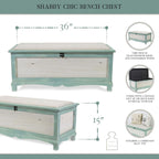 Banc coffre vieilli en bois vert écume avec coussin d'assise - L : 36 x l : 16,5 x H : 15
