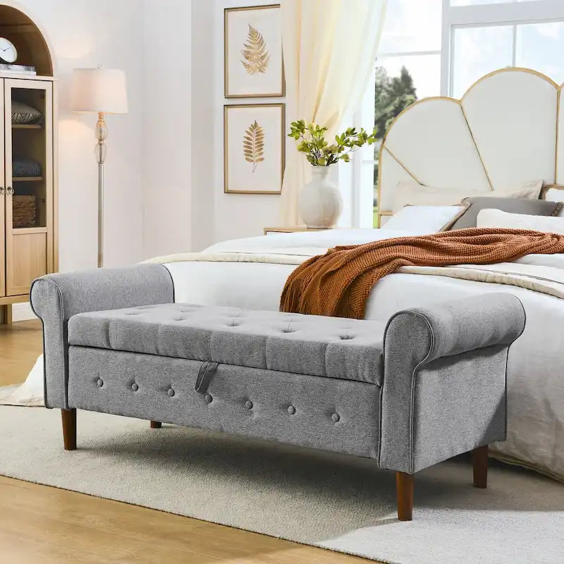 Banc de rangement capitonné à 62 boutons pour chambre à coucher, pouf ottoman moderne en tissu, banc de fenêtre, accoudoirs arrondis pour chambre à coucher