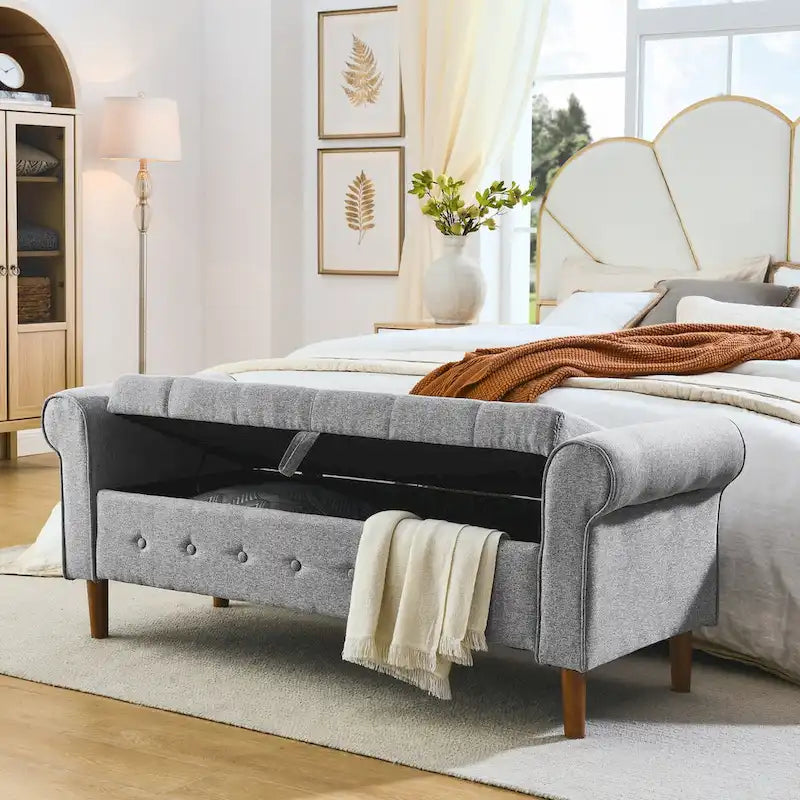 Banc de rangement capitonné à 62 boutons pour chambre à coucher, pouf ottoman moderne en tissu, banc de fenêtre, accoudoirs arrondis pour chambre à coucher