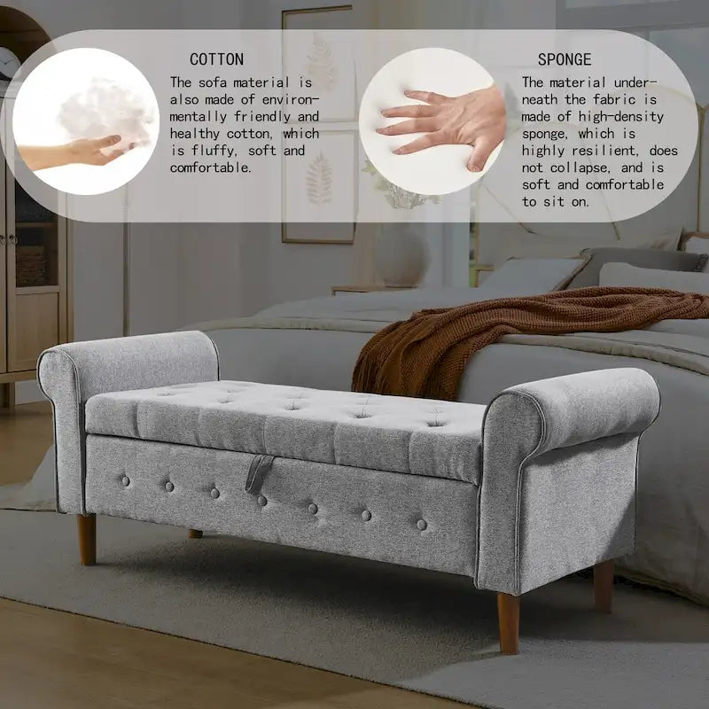 Banc de rangement capitonné à 62 boutons pour chambre à coucher, pouf ottoman moderne en tissu, banc de fenêtre, accoudoirs arrondis pour chambre à coucher