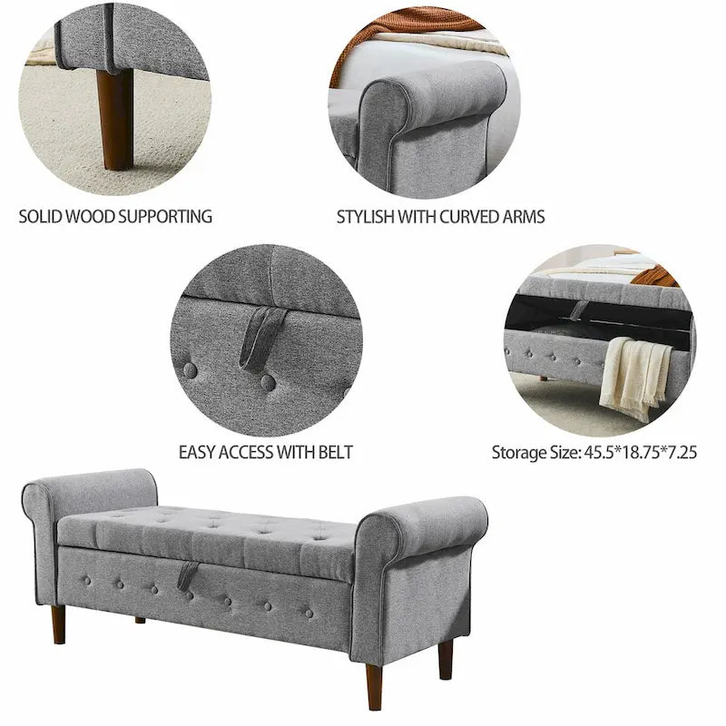 Banc de rangement capitonné à 62 boutons pour chambre à coucher, pouf ottoman moderne en tissu, banc de fenêtre, accoudoirs arrondis pour chambre à coucher