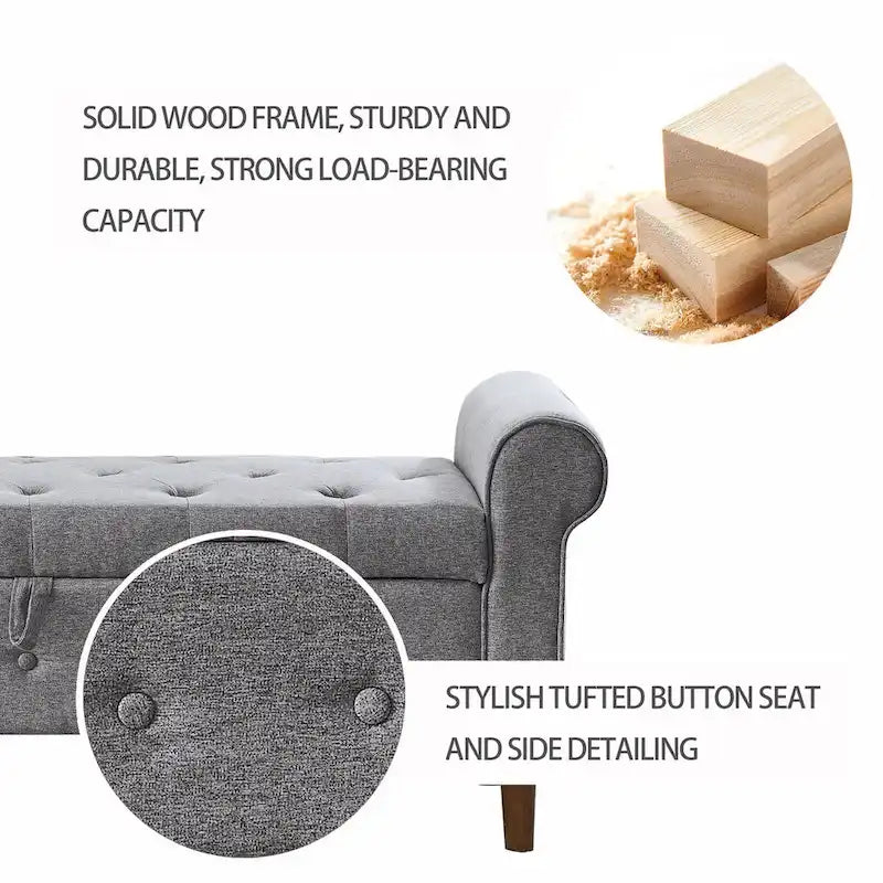 Banc de rangement capitonné à 62 boutons pour chambre à coucher, pouf ottoman moderne en tissu, banc de fenêtre, accoudoirs arrondis pour chambre à coucher