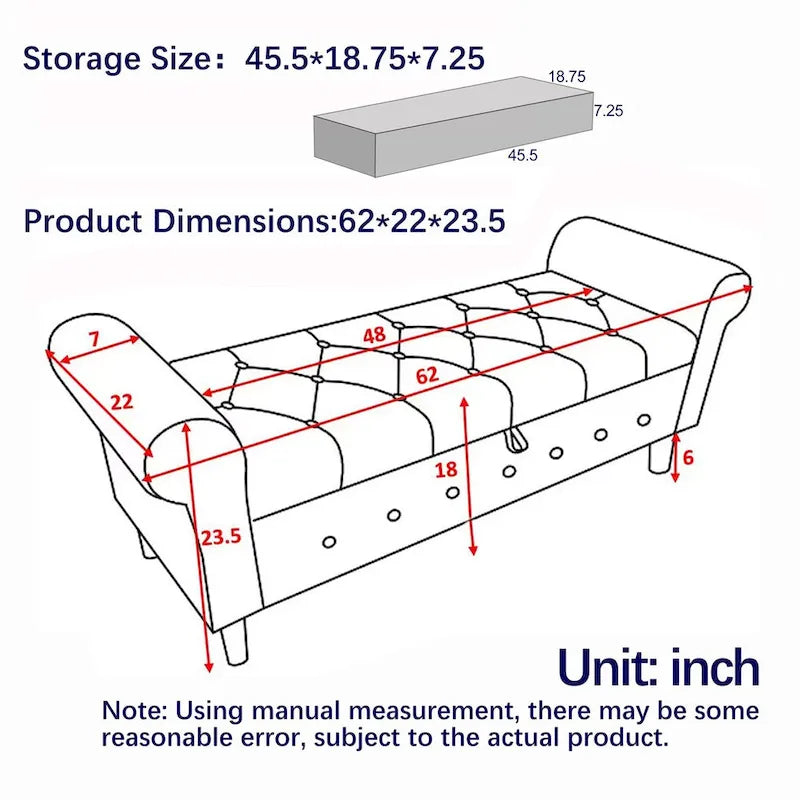 Banc de rangement capitonné à 62 boutons pour chambre à coucher, pouf ottoman moderne en tissu, banc de fenêtre, accoudoirs arrondis pour chambre à coucher