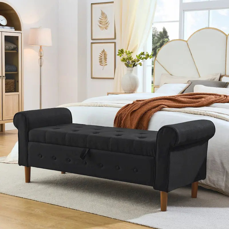 Banc de rangement capitonné à 62 boutons pour chambre à coucher, pouf ottoman moderne en tissu, banc de fenêtre, accoudoirs arrondis pour chambre à coucher