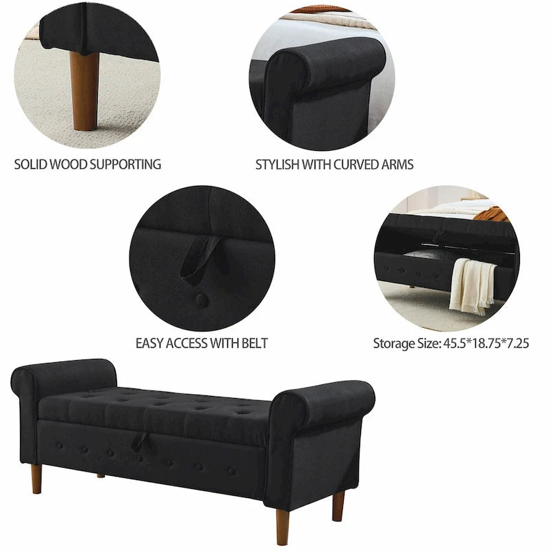 Banc de rangement capitonné à 62 boutons pour chambre à coucher, pouf ottoman moderne en tissu, banc de fenêtre, accoudoirs arrondis pour chambre à coucher