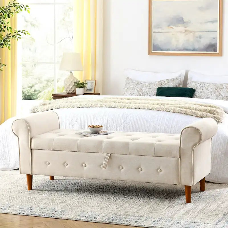 Banc de rangement capitonné à 62 boutons pour chambre à coucher, pouf ottoman moderne en tissu, banc de fenêtre, accoudoirs arrondis pour chambre à coucher