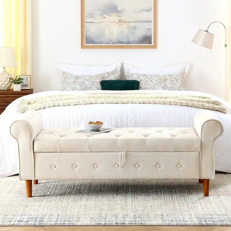 Banc de rangement capitonné à 62 boutons pour chambre à coucher, pouf ottoman moderne en tissu, banc de fenêtre, accoudoirs arrondis pour chambre à coucher