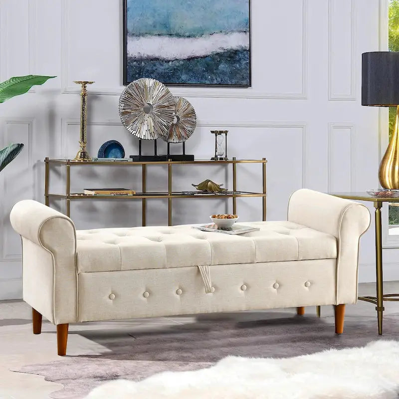 Banc de rangement capitonné à 62 boutons pour chambre à coucher, pouf ottoman moderne en tissu, banc de fenêtre, accoudoirs arrondis pour chambre à coucher