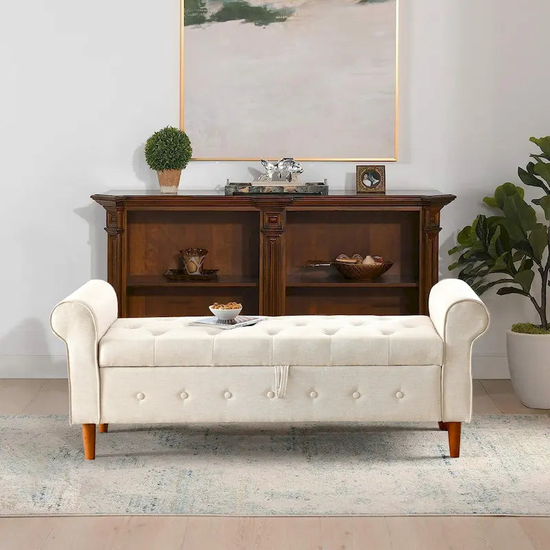 Banc de rangement capitonné à 62 boutons pour chambre à coucher, pouf ottoman moderne en tissu, banc de fenêtre, accoudoirs arrondis pour chambre à coucher