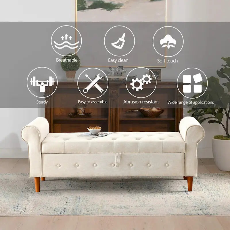 Banc de rangement capitonné à 62 boutons pour chambre à coucher, pouf ottoman moderne en tissu, banc de fenêtre, accoudoirs arrondis pour chambre à coucher