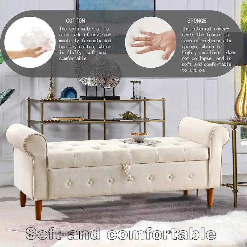 Banc de rangement capitonné à 62 boutons pour chambre à coucher, pouf ottoman moderne en tissu, banc de fenêtre, accoudoirs arrondis pour chambre à coucher