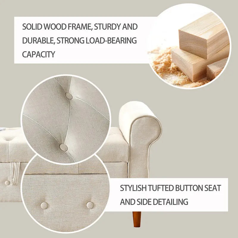 Banc de rangement capitonné à 62 boutons pour chambre à coucher, pouf ottoman moderne en tissu, banc de fenêtre, accoudoirs arrondis pour chambre à coucher